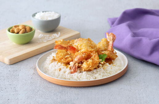 Coconut Shrimp Over Rice with Marmalade Mustard Sauce