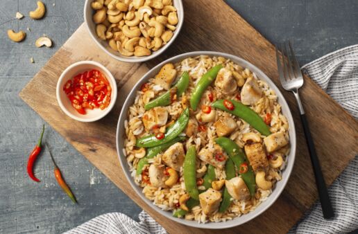 Chicken-Fried-Rice-with-Jasmine-Rice-Cashews-Chili-Peppers-and-snap-peas