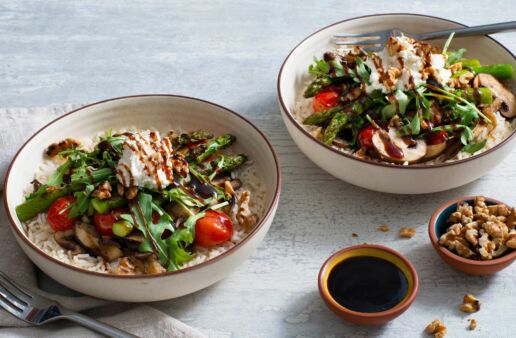 rice-bowl-with-roasted-asparagus-mushrooms-grape-tomatoes-fresh-arugula-and-balsamic-dressing
