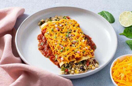 vegan-enchiladas-with-white-rice-black-beans-corn-bell-peppers-baby-spinach-and-red-onion
