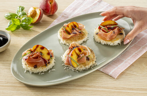 Crispy Rice Cakes with Peach and Prosciutto